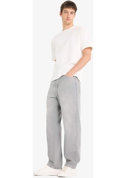 %100 Pamuk Baggy Fit Geniş Paça Jean Yıkamalı Pantolon F6670AX25SM