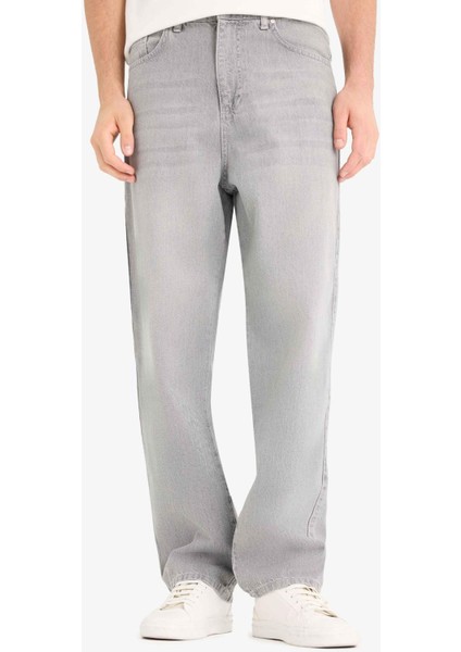 %100 Pamuk Baggy Fit Geniş Paça Jean Yıkamalı Pantolon F6670AX25SM