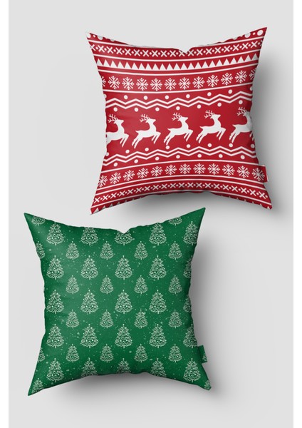 Kırmızı Yeşil Geyik Çam Ağacı Desenli Kırlent Kılıfı Seti 2'li