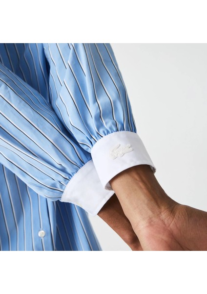 L!ve Kadın Uzun Kollu Gömlek Yaka Çizgili Mavi - Beyaz Elbise modelleri