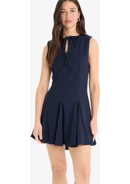 Bisiklet Yaka Pİleli Krep Kolsuz Mini Yazlık Elbise F6502AX25SM