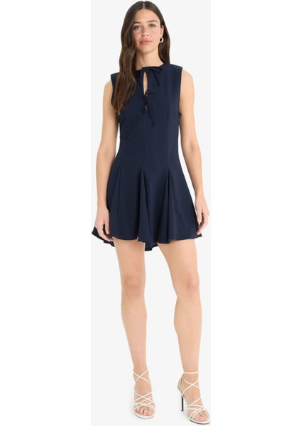 Bisiklet Yaka Pİleli Krep Kolsuz Mini Yazlık Elbise F6502AX25SM