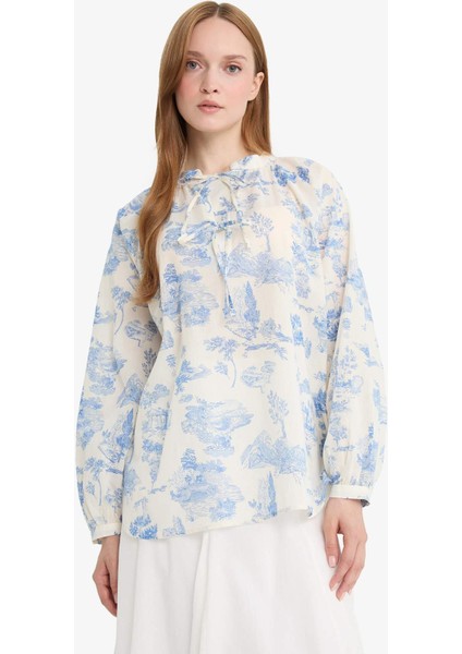 Relax Fit Çiçek Desenli Vual Uzun Kollu Gömlek Tunik F4558AX25HS