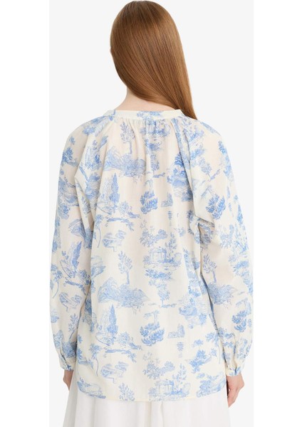 Relax Fit Çiçek Desenli Vual Uzun Kollu Gömlek Tunik F4558AX25HS