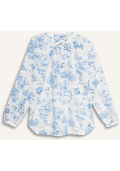 Relax Fit Çiçek Desenli Vual Uzun Kollu Gömlek Tunik F4558AX25HS