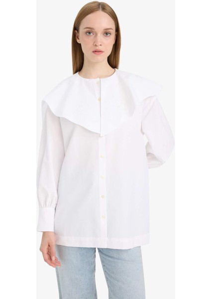 Relax Fit Geniş Yakalı Poplin Uzun Kollu Gömlek Tunik F4557AX25HS