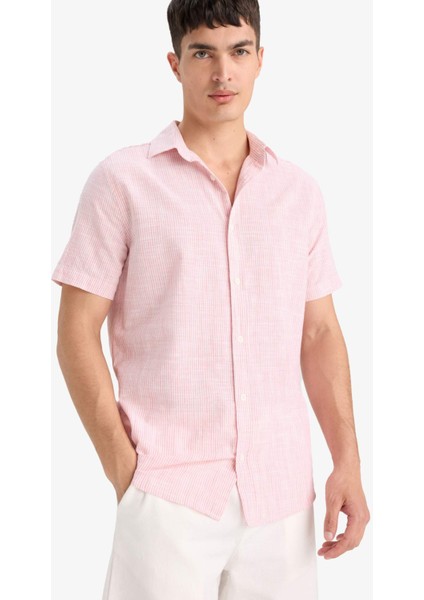 %100 Pamuk Kısa Kollu Çizgili Gömlek F6391AX25SM