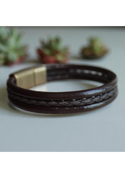 Kahverengi Deri Bileklik, Örgü Detaylı, Mıknatıs Kapamalı, 3 Beden Seçeneği, Sade ve Şık modelleri