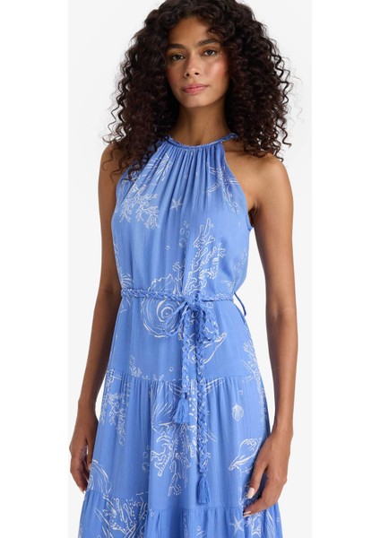 Halter Yaka Desenli Bağcıklı Krinkıl Viskon Kolsuz Midi Elbise F7065AX25SM