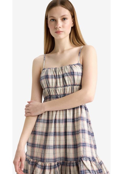 Kareli Askılı Askılı Mini Elbise F7335AX25SM