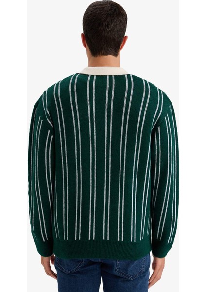 Relax Fit Polo Yaka Çizgili Triko Kazak E8400AX25WN