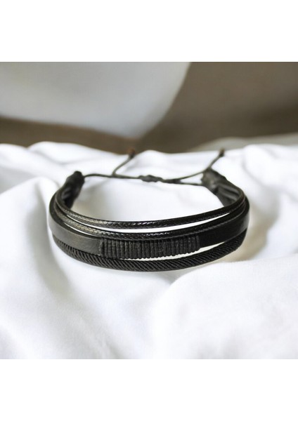 Erkek Siyah Deri Bileklik Ip Sargılı Asansör Kapama fiyatları