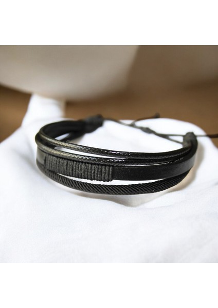Erkek Siyah Deri Bileklik Ip Sargılı Asansör Kapama