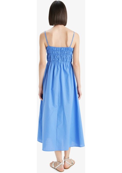 Kare Yaka Keten Görünümlü Gipeli Askılı Midi Elbise