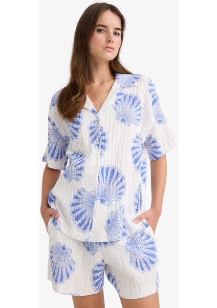 Regular Fit Desenli Ceket Yaka Müslin Kısa Kollu Gömlek F6998AX25SM