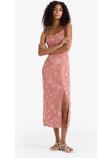 Kare Yaka Desenli Yırtmaçlı Keten Karışımlı Askılı Midi Elbise F7150AX25SM