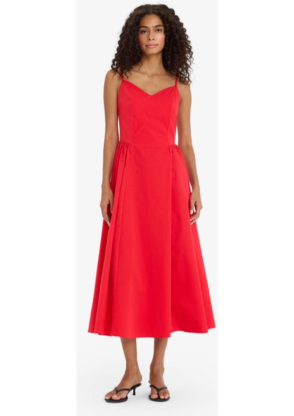 V Yaka Poplin Askılı Kırmızı Midi Elbise
