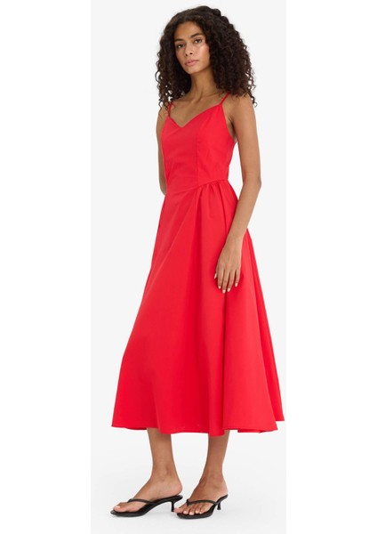 V Yaka Poplin Askılı Kırmızı Midi Elbise