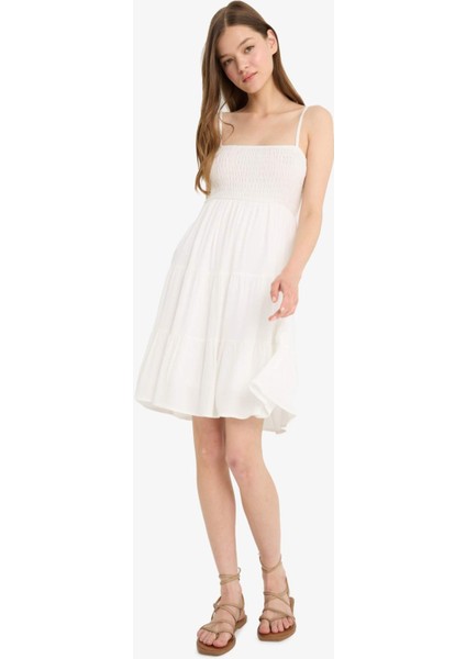 Coool Kare Yaka Krinkıl Kumaş Askılı Mini Elbise