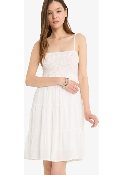 Coool Kare Yaka Krinkıl Kumaş Askılı Mini Elbise