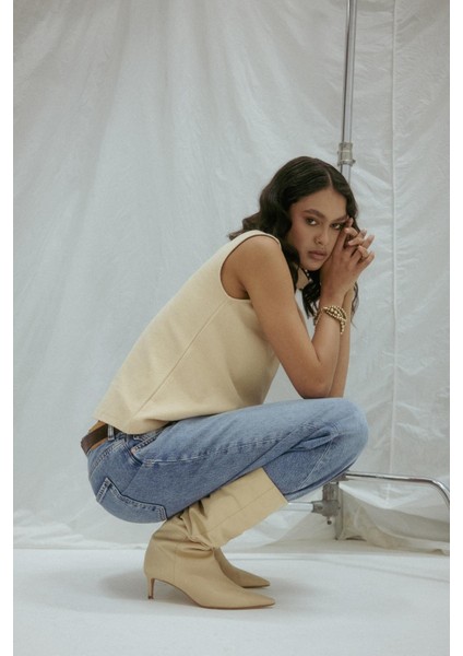 Triko Görünümlü Örme Bluz Krem