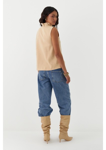 Triko Görünümlü Örme Bluz Krem