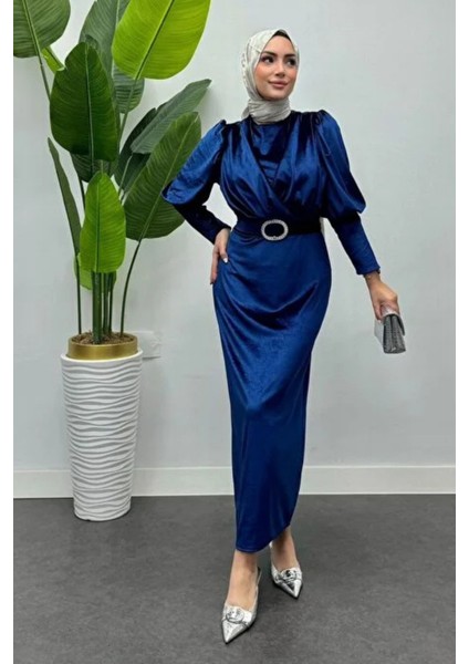 Çapraz Kesim Kemerli Kadife Tesettür Abiye- Lacivert