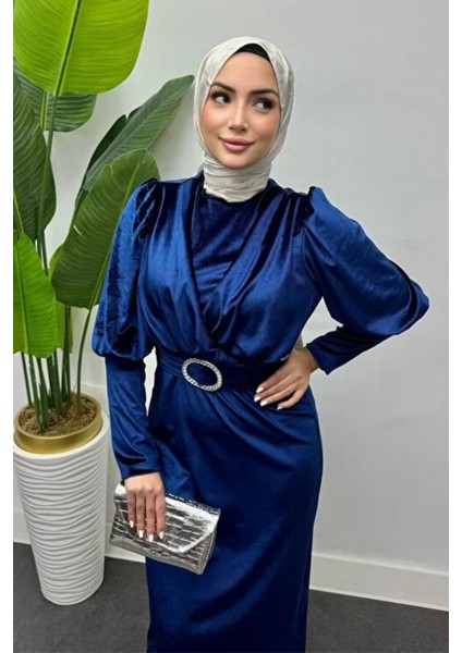 Çapraz Kesim Kemerli Kadife Tesettür Abiye- Lacivert fiyatları