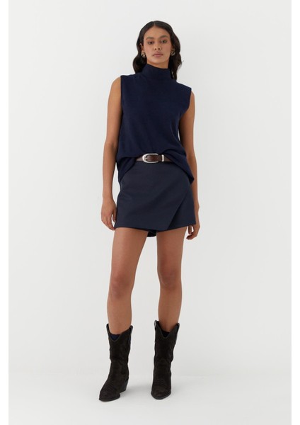 Triko Görünümlü Örme Bluz Lacivert