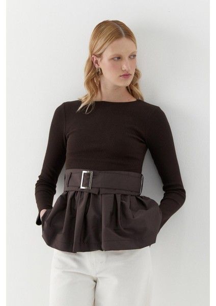 Uzun Kollu Kaşkorse Bluz Kahverengi