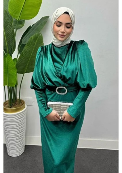 Çapraz Kesim Kemerli Kadife Tesettür Abiye- Zümrüt fiyatları