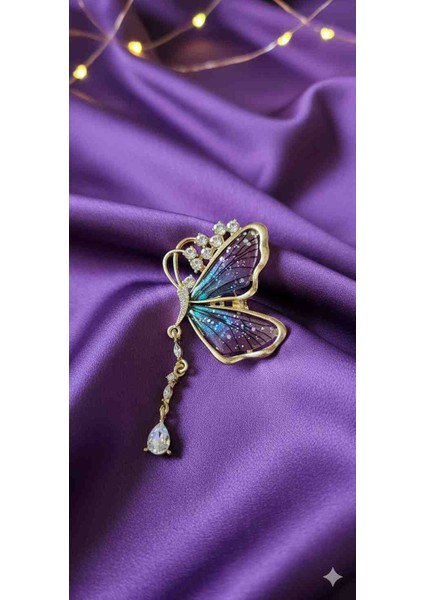 Mor ve Turkuaz Geçişli Sallantılı Kelebek Broş