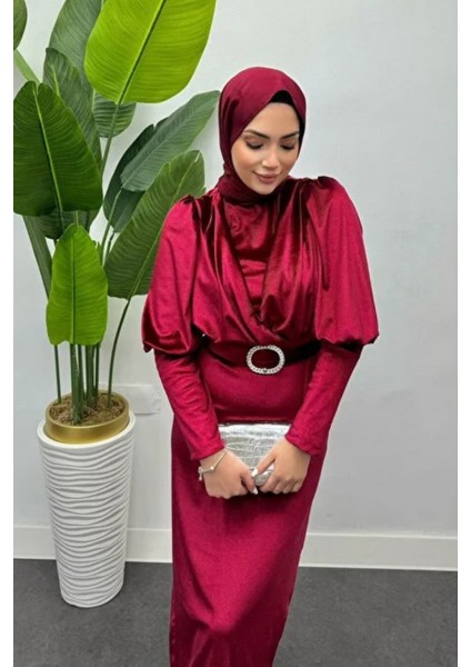 Çapraz Kesim Kemerli Kadife Tesettür Abiye- Bordo fiyatları