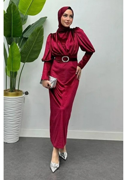 Çapraz Kesim Kemerli Kadife Tesettür Abiye- Bordo modelleri