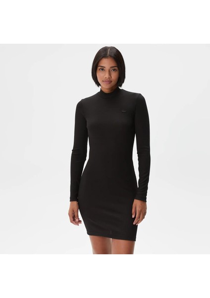 Kadın Slim Fit Uzun Kollu Dik Yaka Siyah Elbise