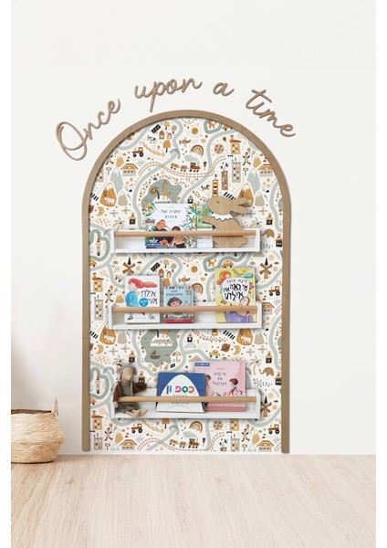 Harita Doğa Temalı, Çocuk-Bebek Odası Dekoru, Duvar Stickeri, Once Upon A Time Yapışkan Yazı, Yapışkanlı Kan Çerçeve, Kitap Köşesi, Kitaplık Arkası Dekoru