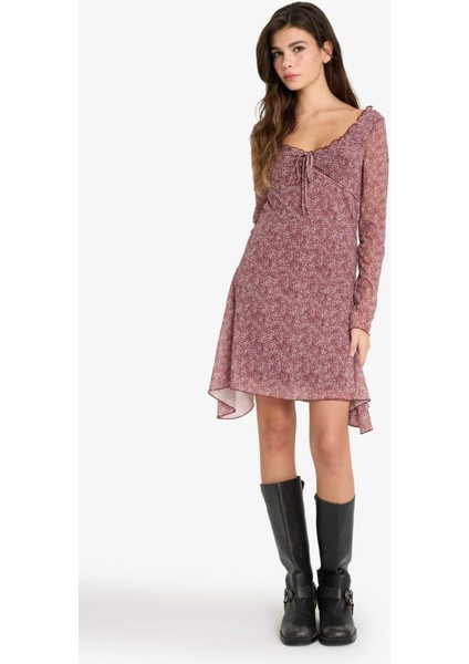 V Yaka Çiçekli Tül Uzun Kollu Mini Elbise F8195AX25SM