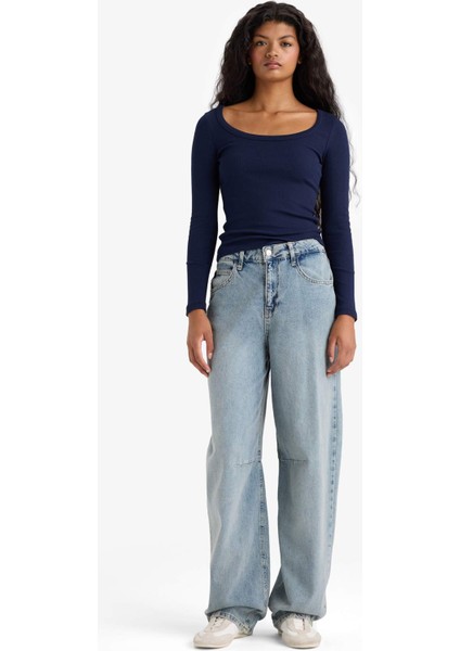 Slim Fit Dar Kesim Yuvarlak Yaka Basic Düz Fitilli Kaşkorse Uzun Kollu Tişört