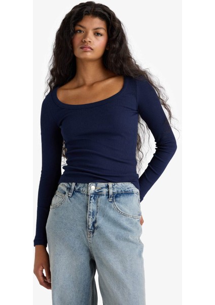 Slim Fit Dar Kesim Yuvarlak Yaka Basic Düz Fitilli Kaşkorse Uzun Kollu Tişört