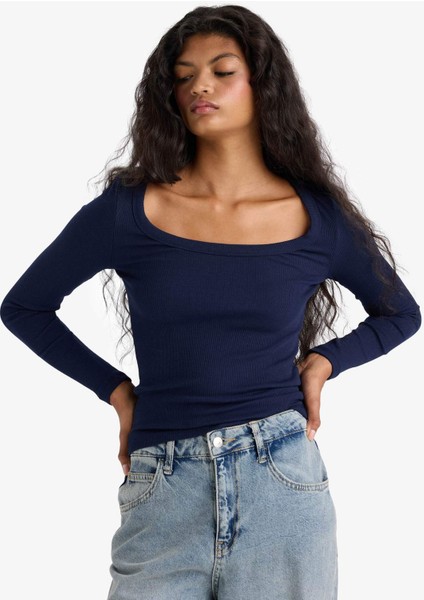 Slim Fit Dar Kesim Yuvarlak Yaka Basic Düz Fitilli Kaşkorse Uzun Kollu Tişört