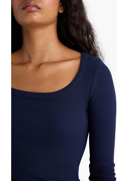 Slim Fit Dar Kesim Yuvarlak Yaka Basic Düz Fitilli Kaşkorse Uzun Kollu Tişört