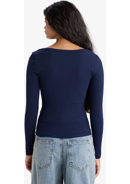 Slim Fit Dar Kesim Yuvarlak Yaka Basic Düz Fitilli Kaşkorse Uzun Kollu Tişört