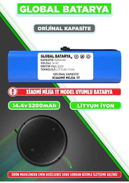 Xiaomi Mijia 1t Uyumlu Akıllı Robot Süpürge Batarya 14.4V 5200MAH Li-Ion Pil (Orijinal Kapasite)