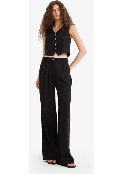 Wide Leg Çift Cepli Yüksek Bel Standart Boy Keten Karışımlı Pantolon E1986AX25AU