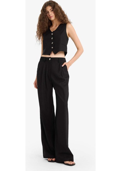 Wide Leg Çift Cepli Yüksek Bel Standart Boy Keten Karışımlı Pantolon E1986AX25AU