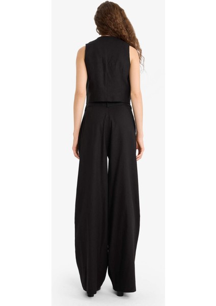 Wide Leg Çift Cepli Yüksek Bel Standart Boy Keten Karışımlı Pantolon E1986AX25AU