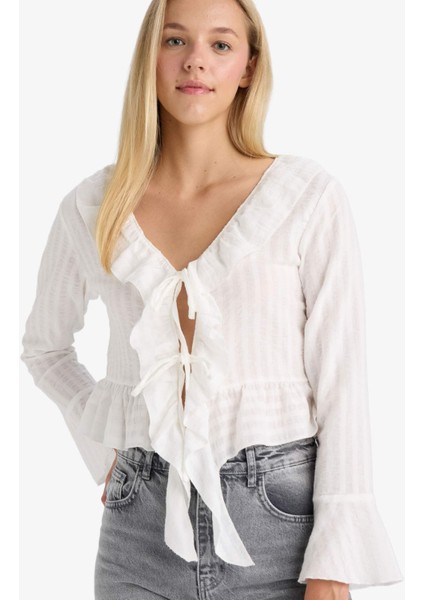 Regular Fit Dokulu Önden Bağlamalı Fırfırlı Uzun Kollu Bluz F7657AX25AU