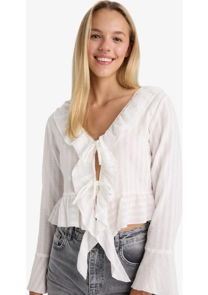 Regular Fit Dokulu Önden Bağlamalı Fırfırlı Uzun Kollu Bluz F7657AX25AU