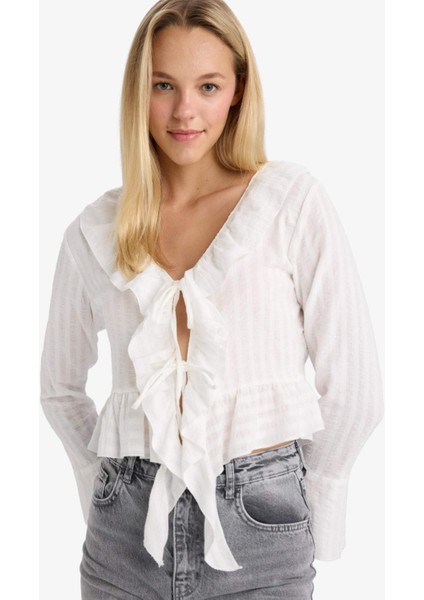 Regular Fit Dokulu Önden Bağlamalı Fırfırlı Uzun Kollu Bluz F7657AX25AU
