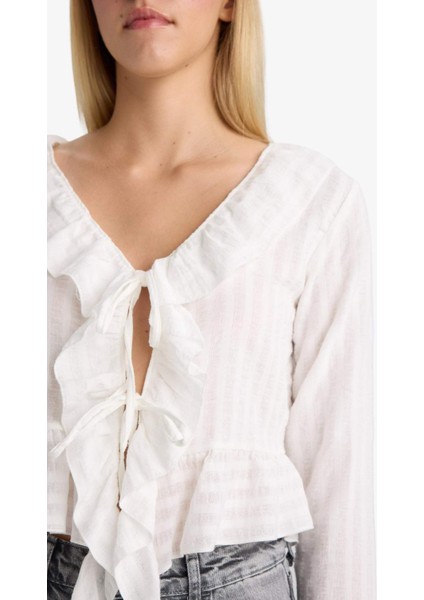 Regular Fit Dokulu Önden Bağlamalı Fırfırlı Uzun Kollu Bluz F7657AX25AU